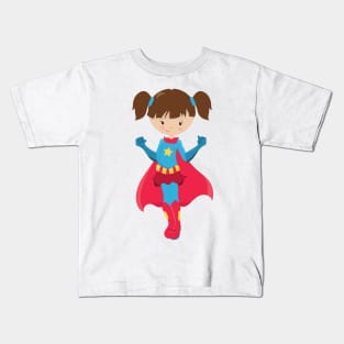 Superhero Girl, Cute Girl, Brown Hair, Red Cape Kids T-Shirt